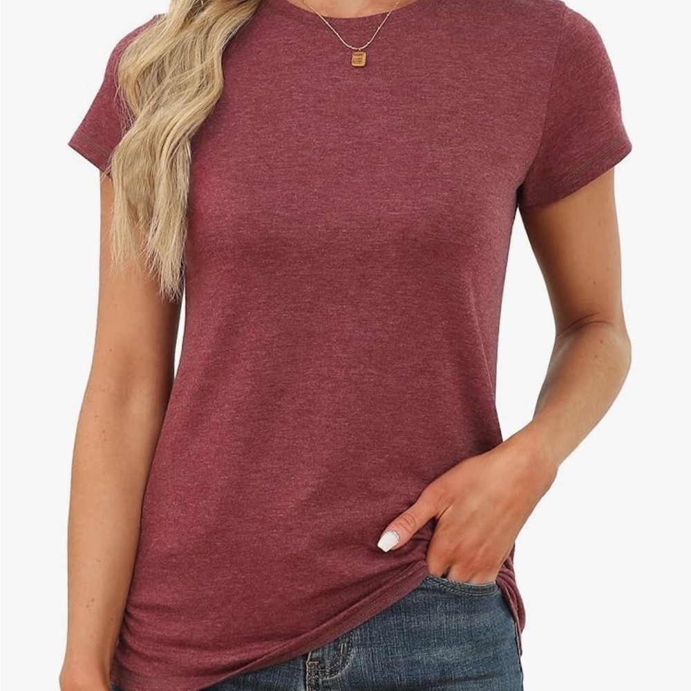 Memorose Women's Short Sleeve Top Maroon T-Shirt Round Neck Casual Basic Tee